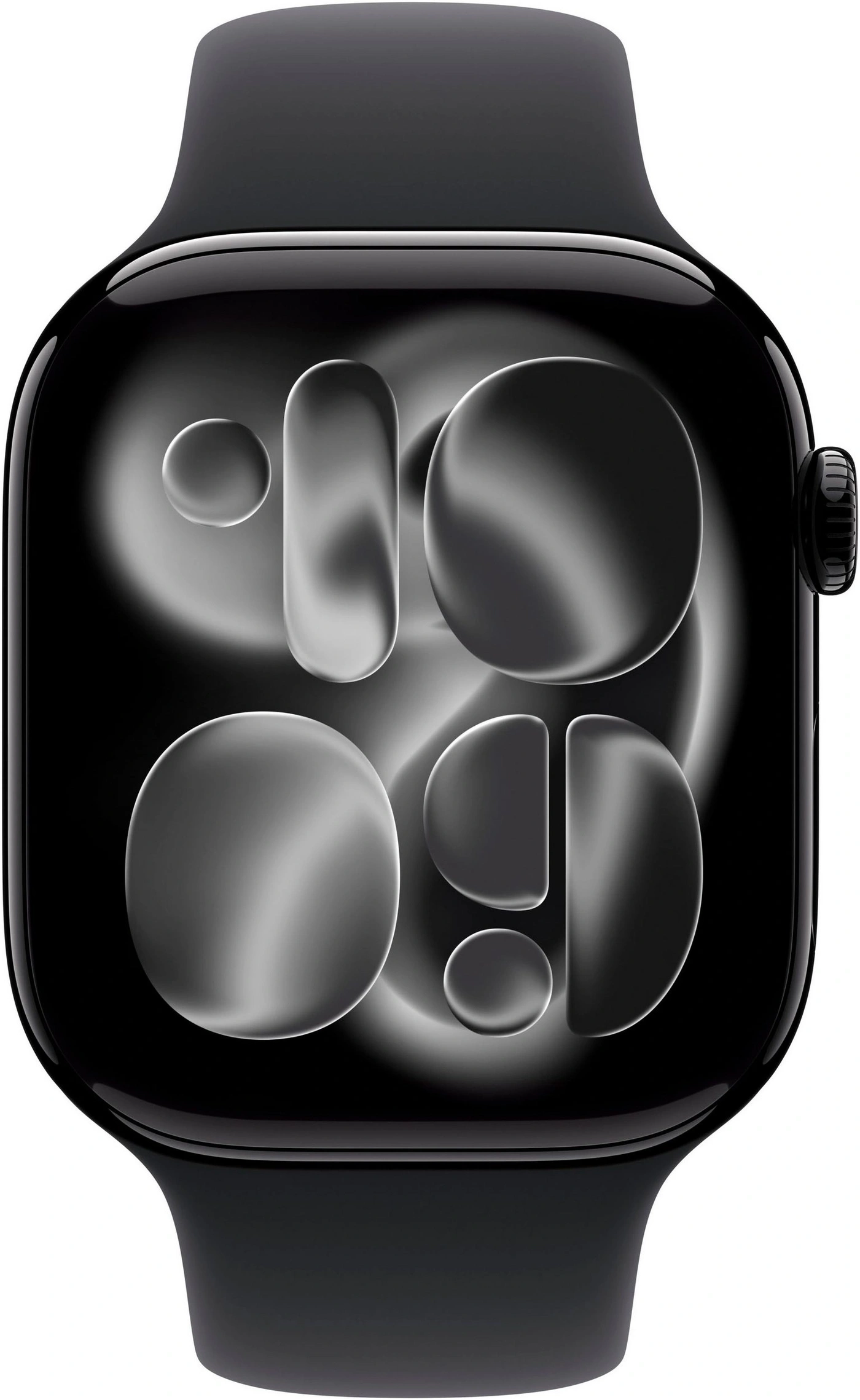 Schwarze Smartwatch mit abstrakter, grauer Zifferblattanzeige auf weißem Hintergrund.