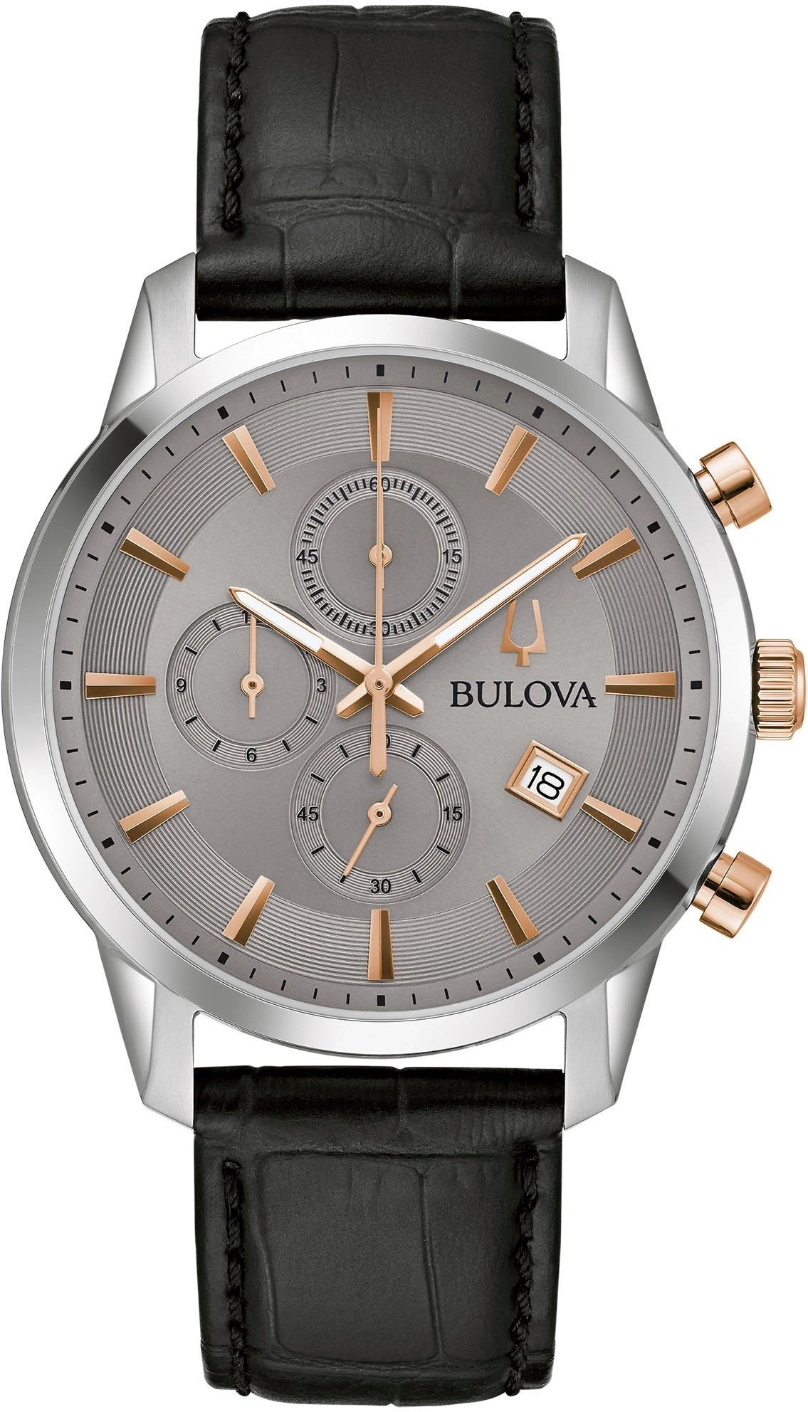 Bulova-Uhr mit grauem Zifferblatt, goldenen Akzenten und schwarzem Lederarmband.