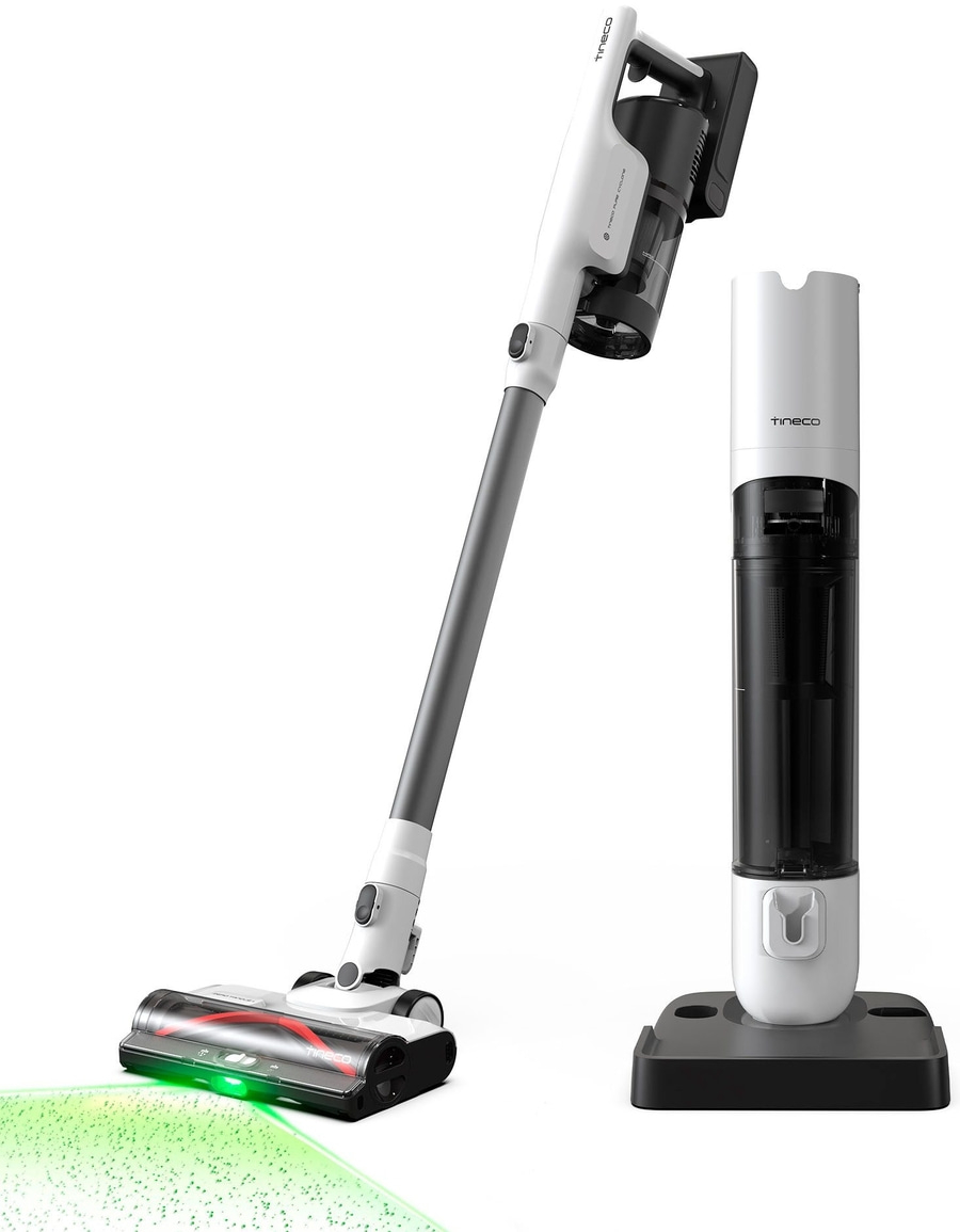 Tineco Staubsauger mit Ladestation, weiß und grau, modern