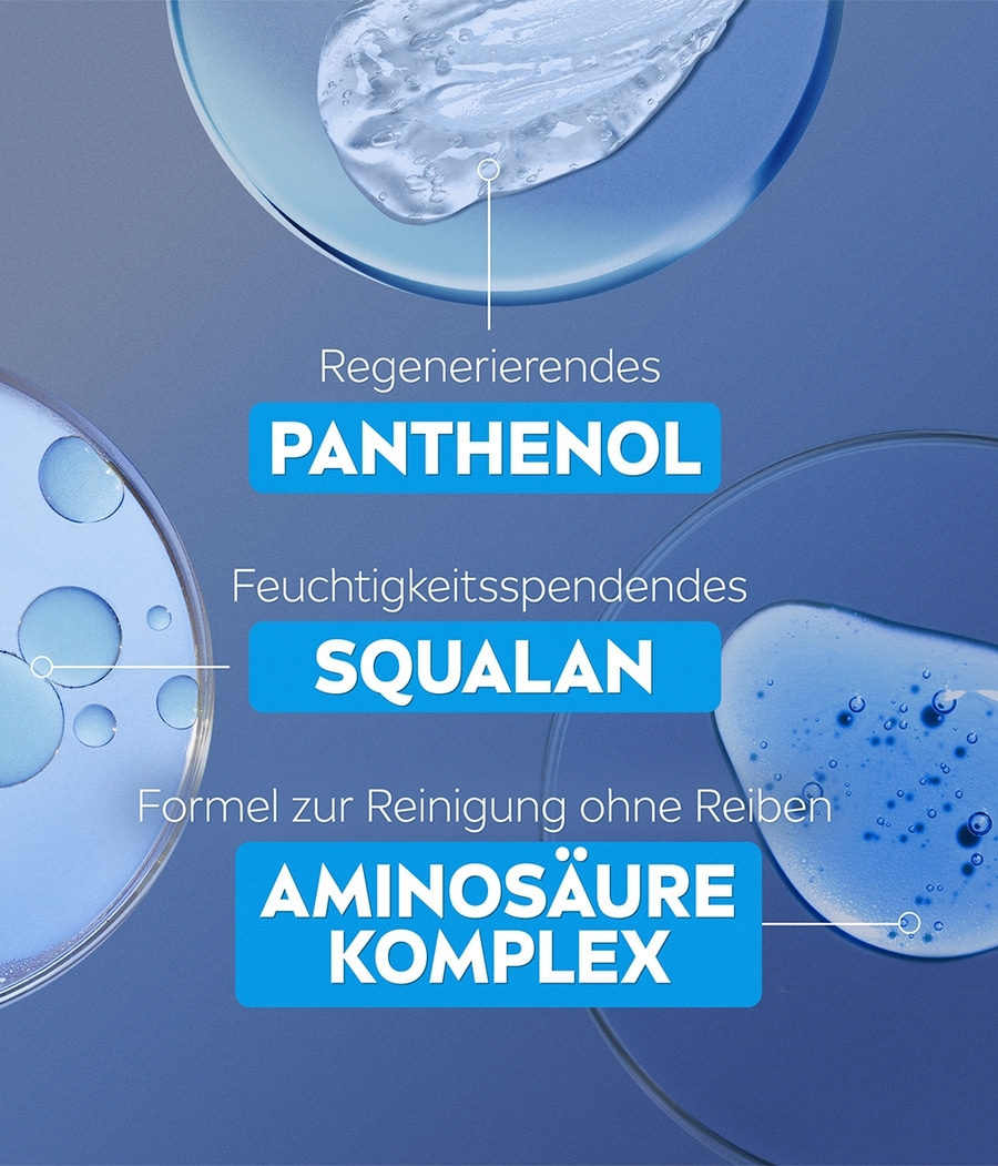 Kosmetikprodukt mit Panthenol, Squalane und Aminosäure-Komplex für die Reinigung.