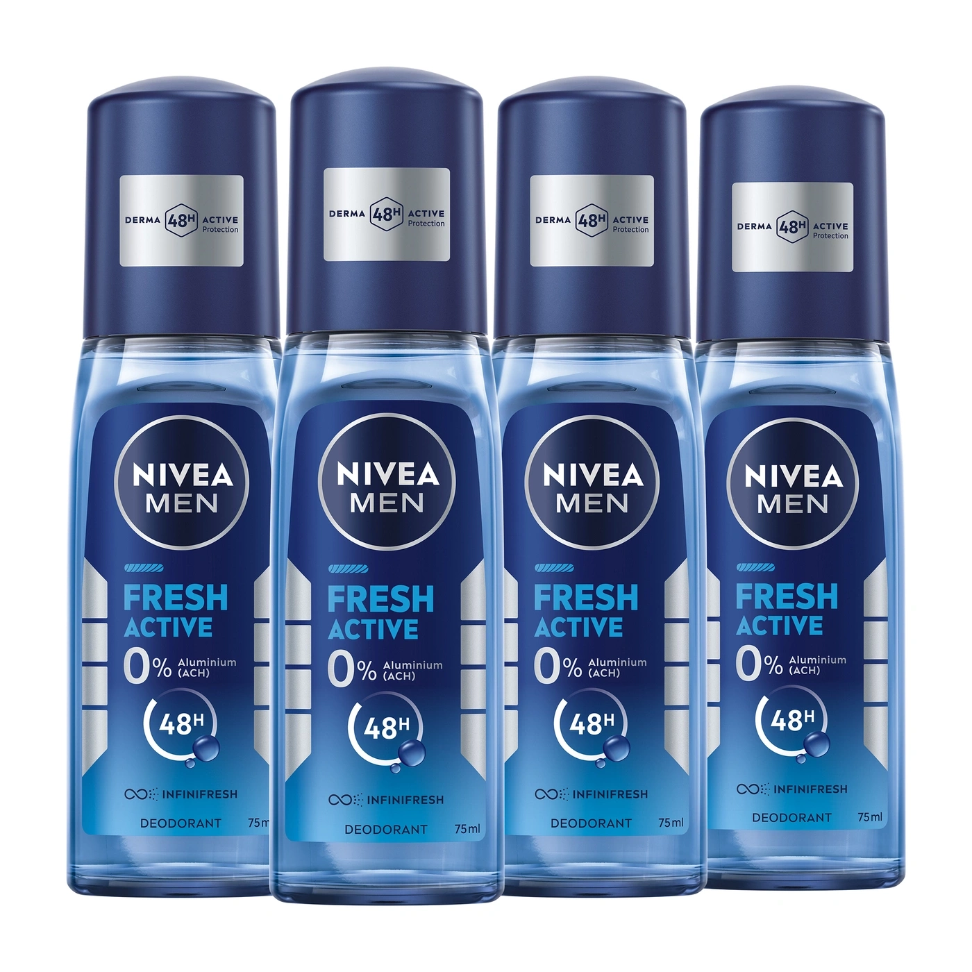 Vier Nivea Men Fresh Active Deodorants mit 48h Schutz, 75ml Flaschen