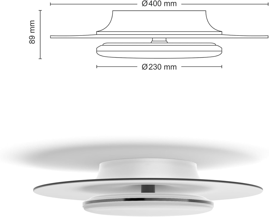 Deckenleuchte mit Abmessungen: 400mm, 230mm, 89mm. Weißes Design, modernes Aussehen.