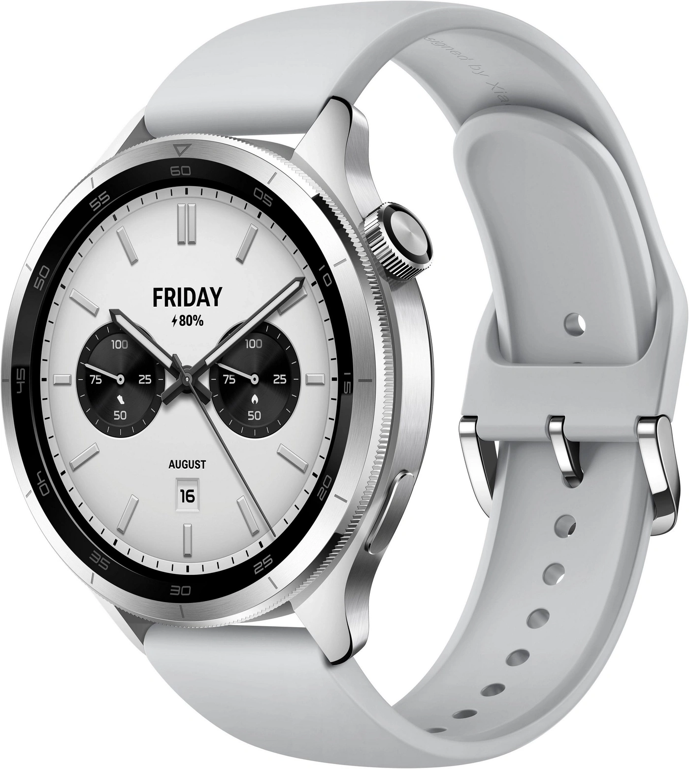 Silbernes Smartwatch-Armband und Zifferblatt mit Freitag, 16. August und 80% Akku.