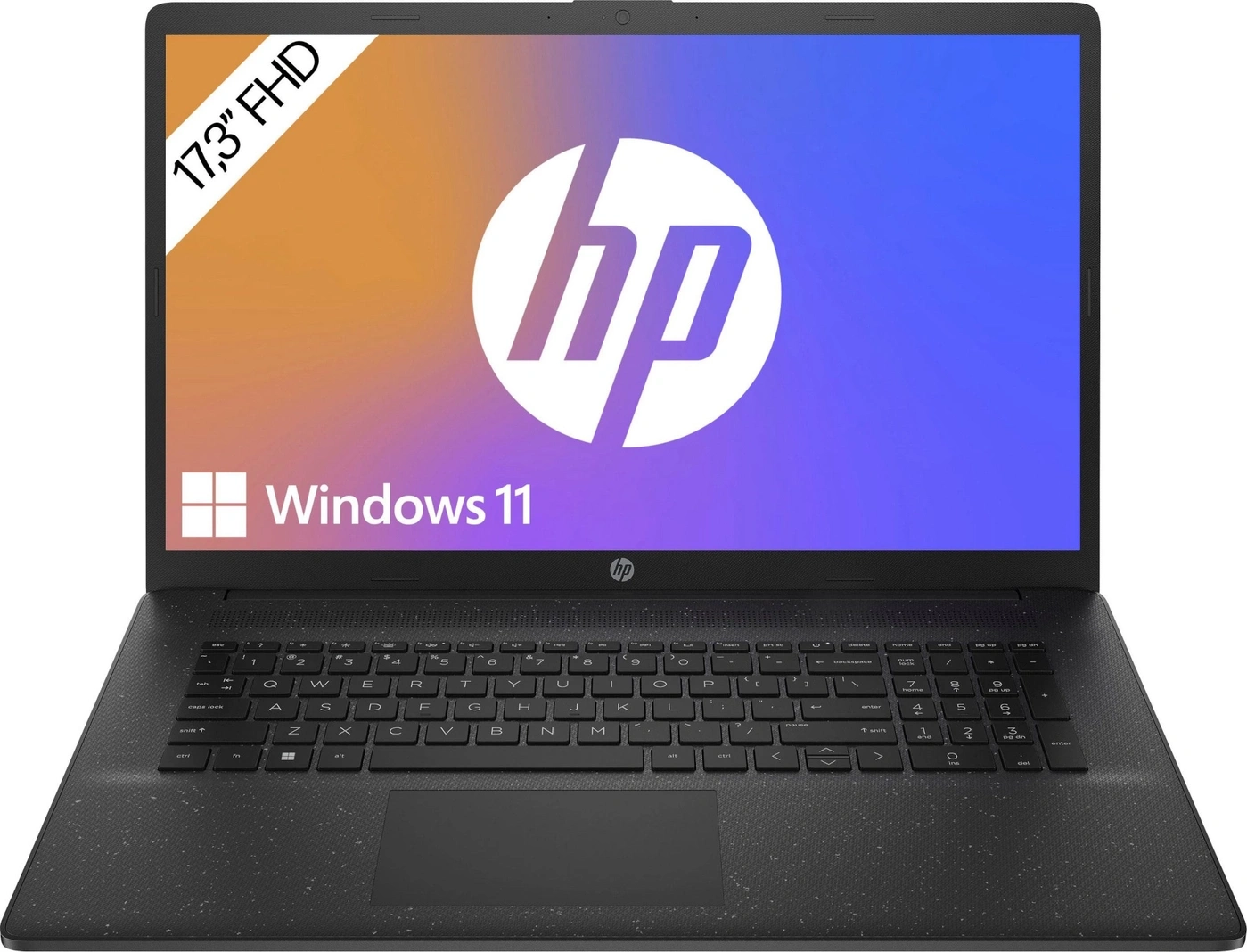 Ein schwarzer HP Laptop mit Windows 11 und einem 17,3 Zoll FHD Display.