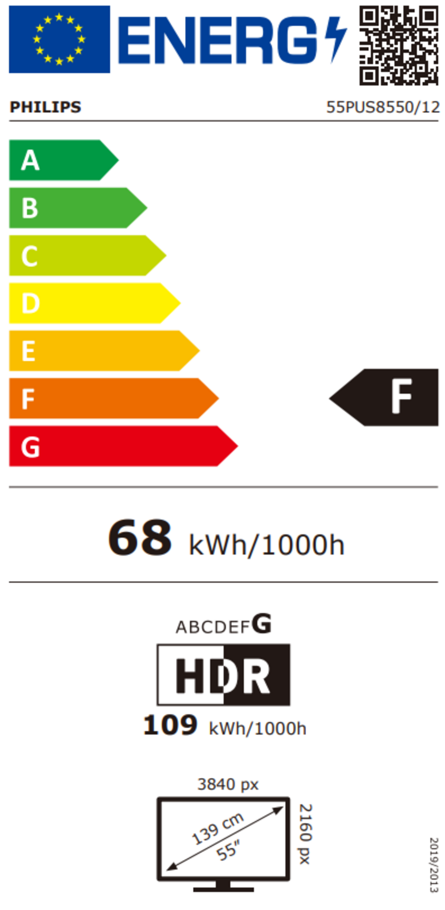 Energieeffizienzlabel für Philips Fernseher, Energieklasse F, 68 kWh/1000h, HDR