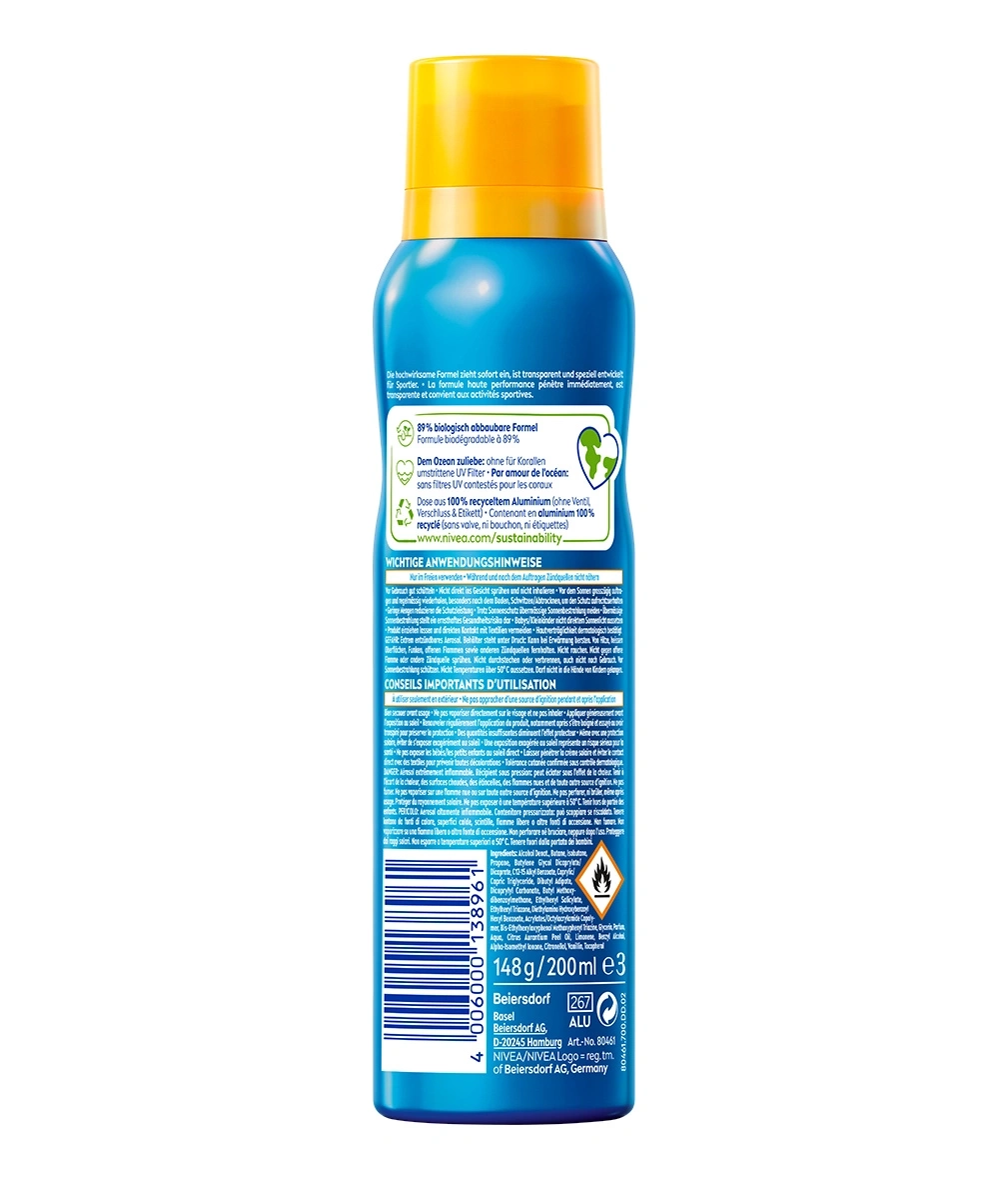 Sonnencreme Spray mit Gel und transparentem Schutz.