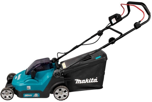 Makita Rasenmäher, blau-schwarz, mit Grasfangkorb, für den Garten, Rasenpflege