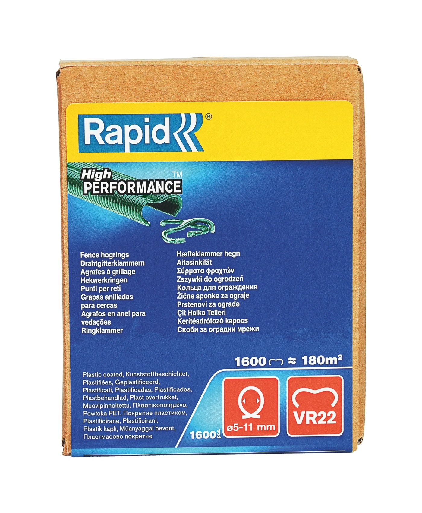 Verpackung für Drahtklammern mit Aufdruck 'Rapid High Performance' und verschiedenen Sprachen