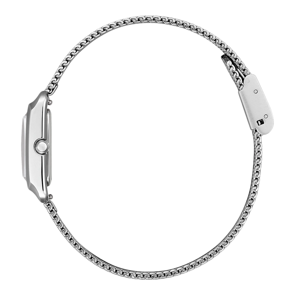 Uhr mit silbernem Armband, Seitenansicht, isoliert auf weißem Hintergrund