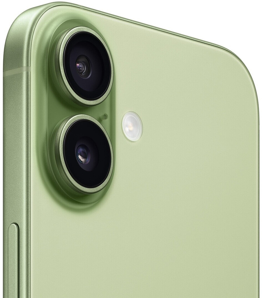 Nahaufnahme einer Rückfahrkamera eines hellgrünen iPhones mit zwei Linsen und Blitz.