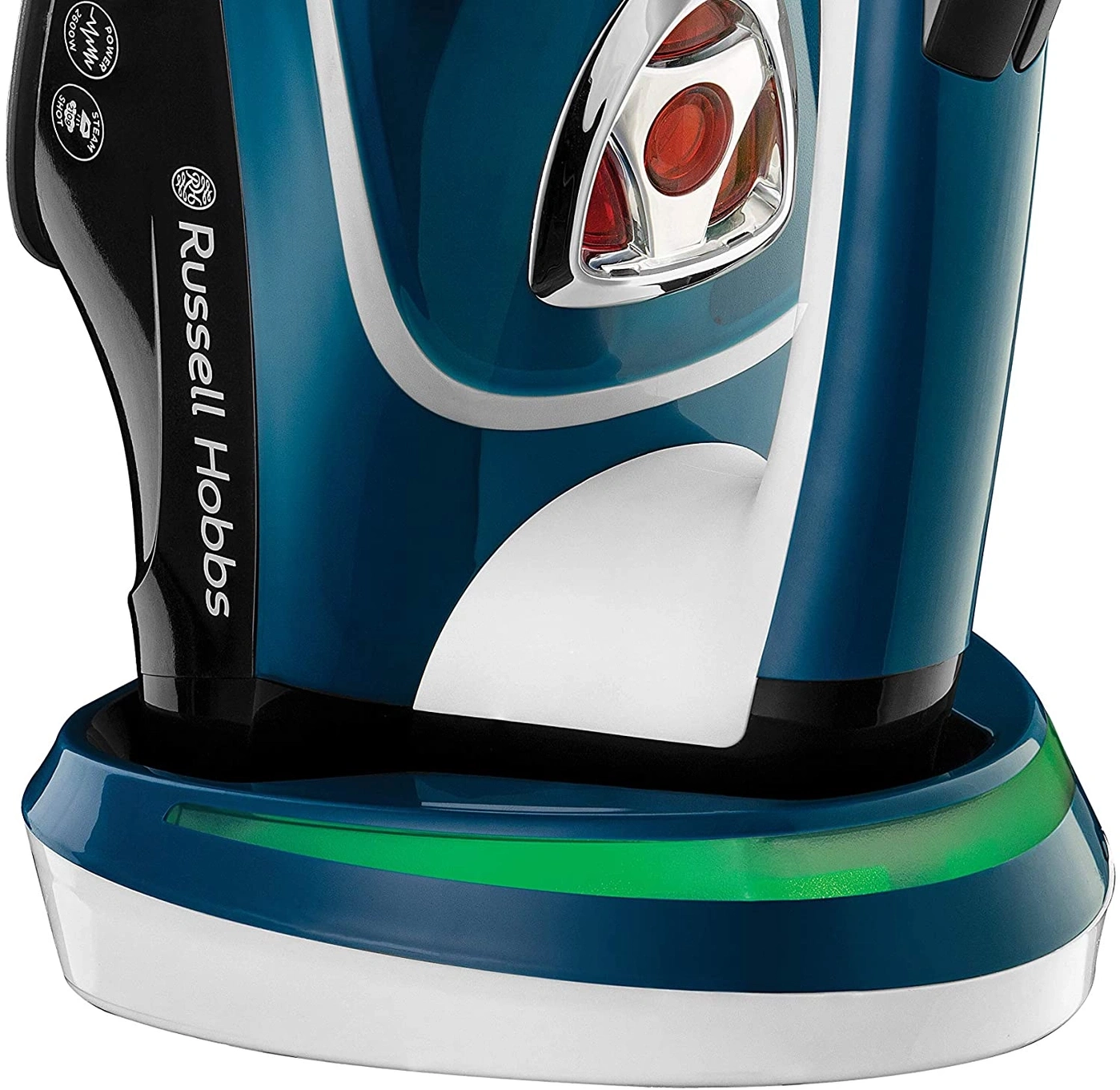 Nahaufnahme eines blauen Bügeleisens mit weißem und grünem Akzent, Russell Hobbs