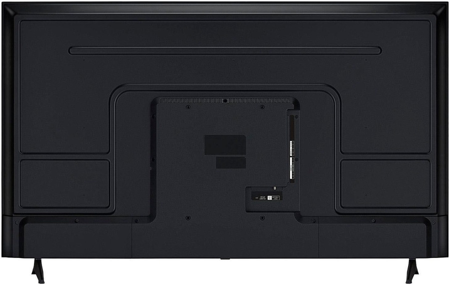 Rückseite eines schwarzen Fernsehers mit Anschlüssen und Füßen. Detailansicht.
