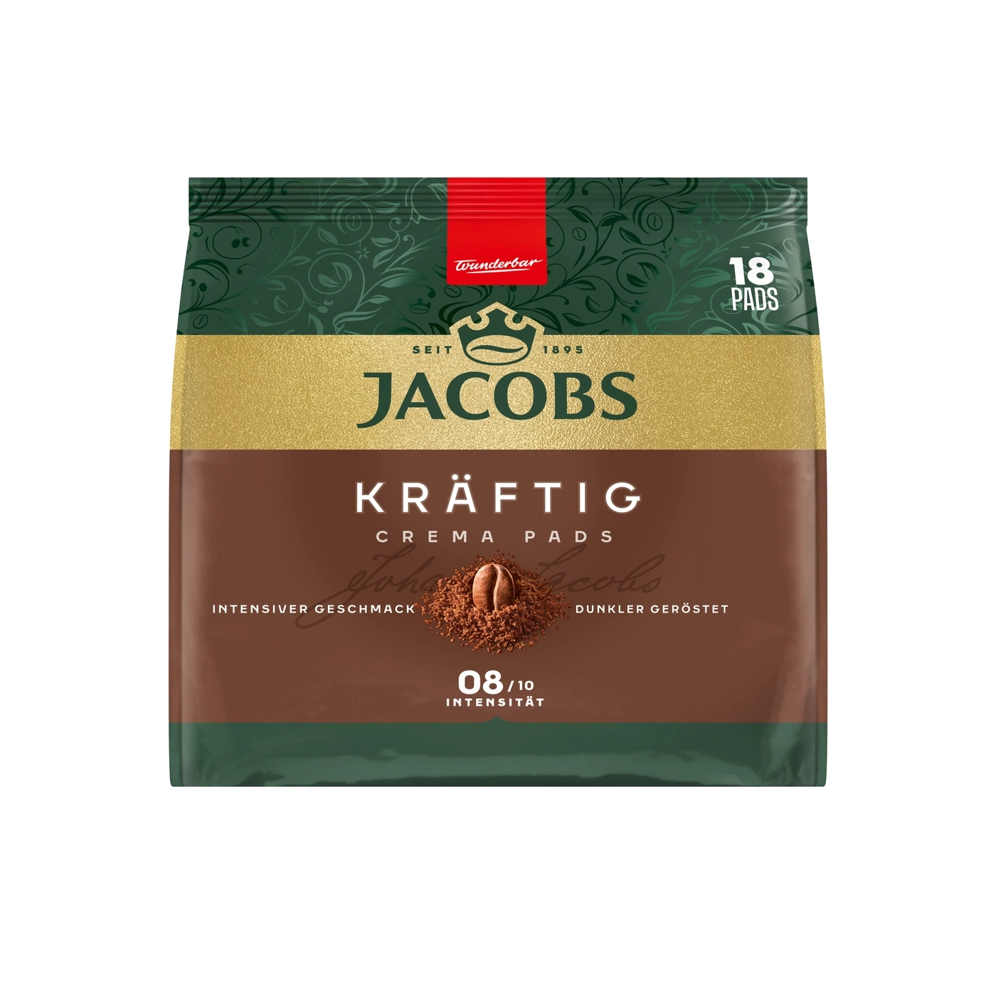 Jacobs Kräftig Crema Pads mit 18 Stück in dunkler Röstung.