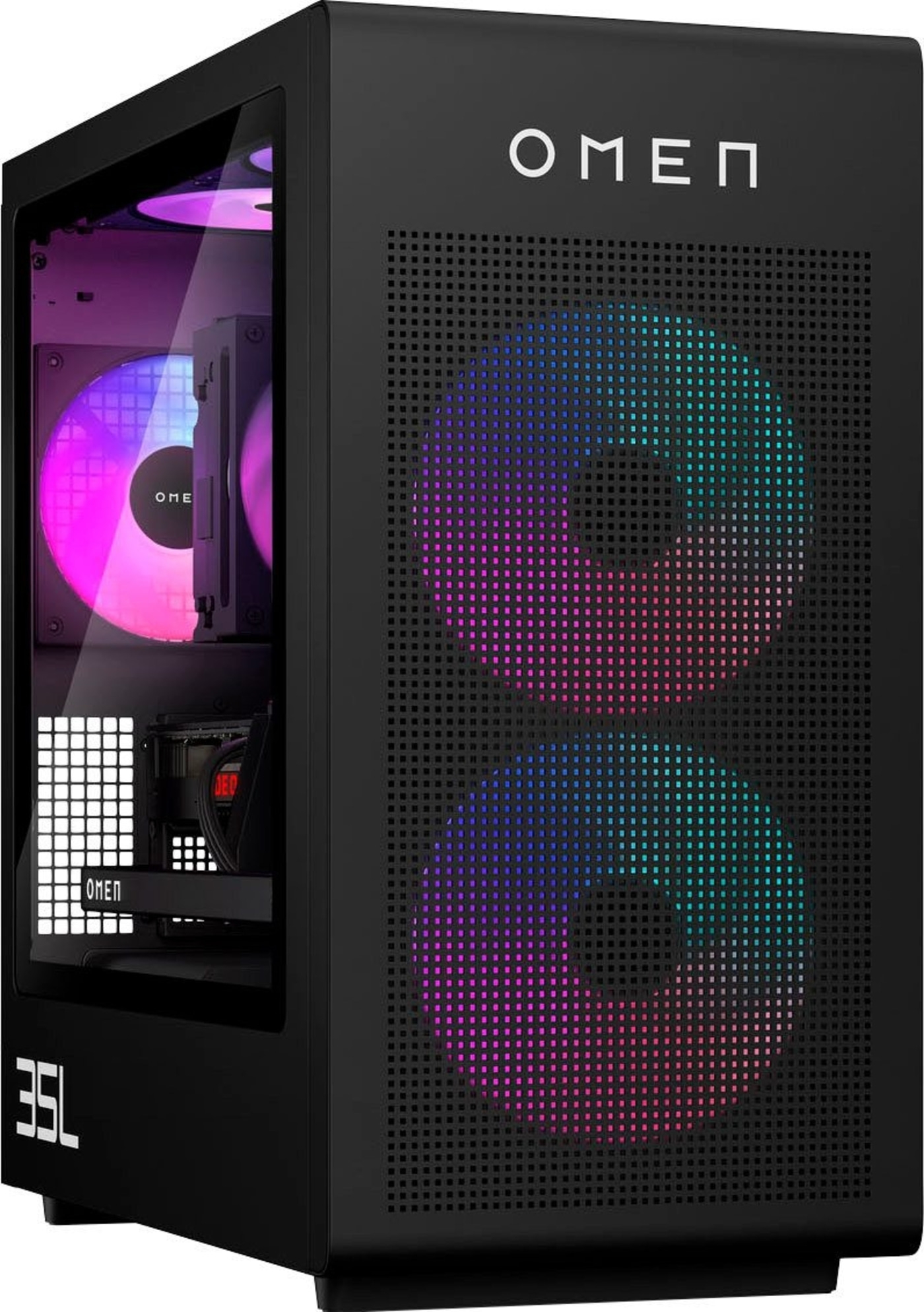 Schwarzer OMEN-Gaming-PC mit RGB-Beleuchtung und Glasfenster, 35L