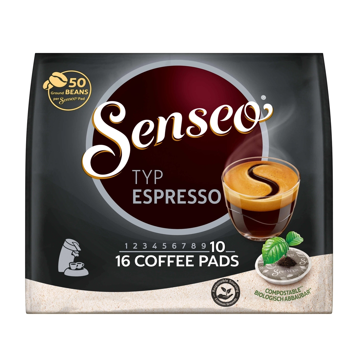 Senseo Espresso Pads, 16 Stück, 50 Bohnen pro Pad, Typ Espresso, kompostierbar