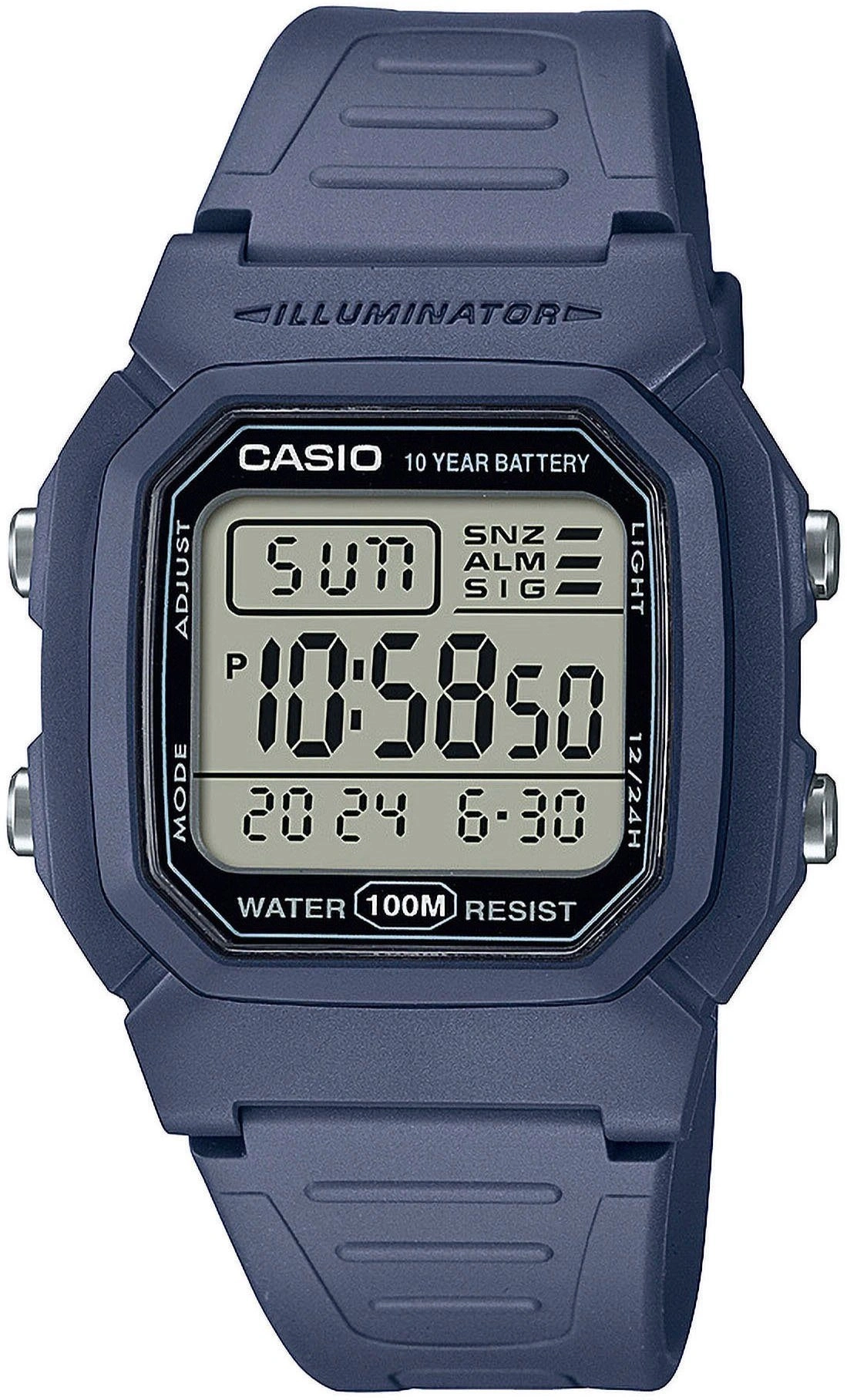 Eine dunkelblaue Casio Digitaluhr mit einem Armband und einem schwarzen Gehäuse. Die Uhr hat ein graues Zifferblatt mit schwarzen Zahlen.