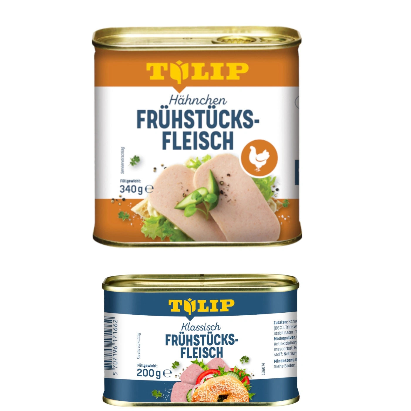 Zwei Dosen "Tulip Frühstücksfleisch" mit Hühnchen und klassisch.