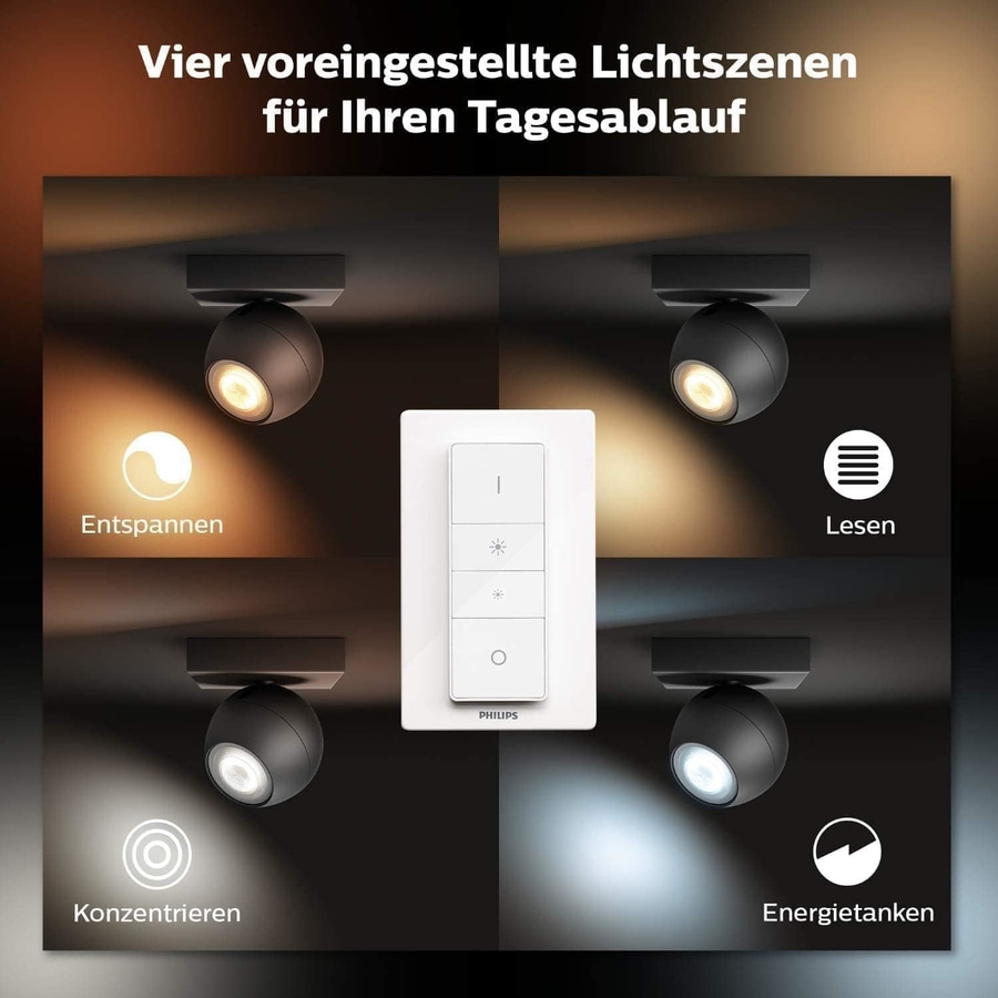 Vier voreingestellte Lichtszenen für Ihren Tagesablauf: Entspannen, Lesen, Konzentrieren, Energietanken.