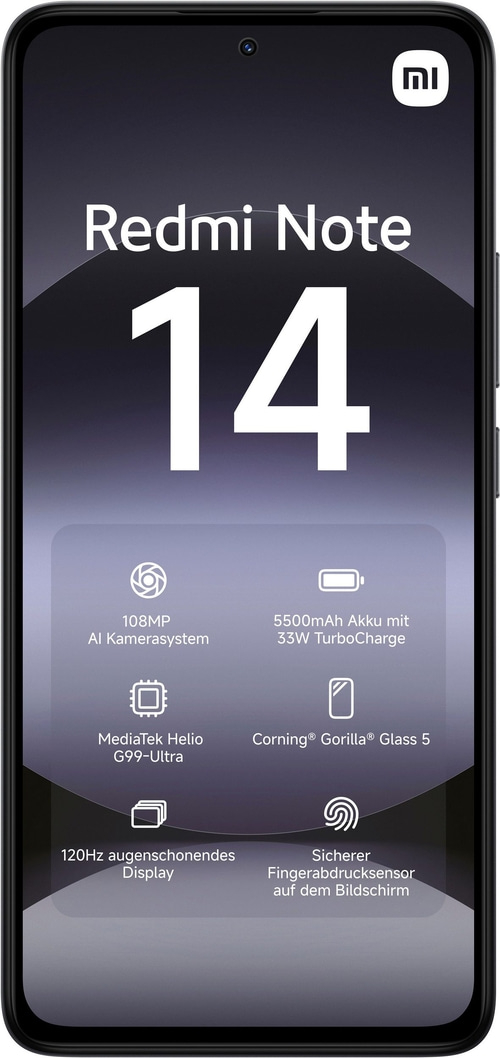Redmi Note 14 Smartphone mit 108MP Kamera, 120Hz Display und Fingerabdrucksensor.