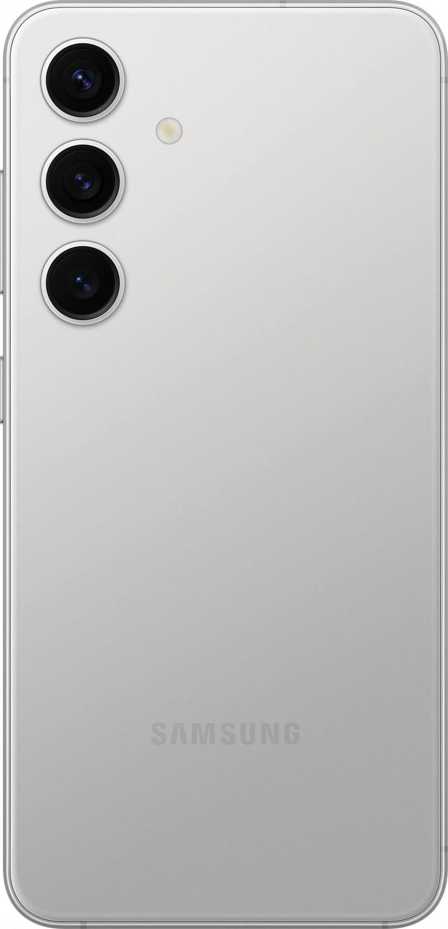 Rückseite eines silbernen Smartphones mit drei Kameras und Samsung-Logo.