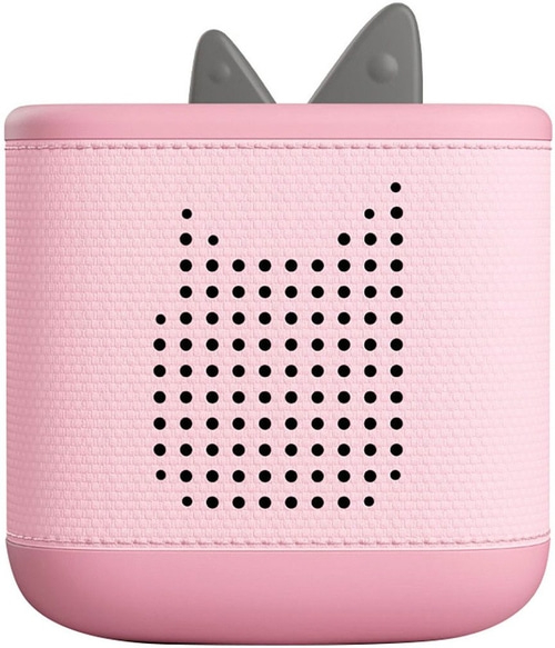 Ein pinker Lautsprecher mit Katzenohren und einem Punktmuster, das ein Gesicht darstellt.