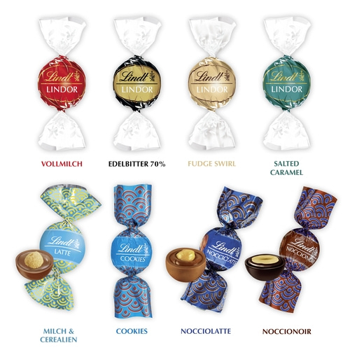 Lindt Pralinen Auswahl, verschiedene Sorten wie Vollmilch, Edelbitter, Fudge Swirl und Salted Caramel