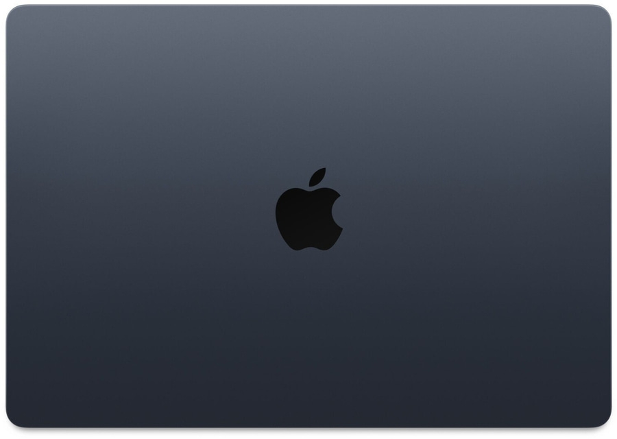 Dunkelgrauer Laptop mit Apple-Logo. Minimalistisches Design, elegante Oberfläche.