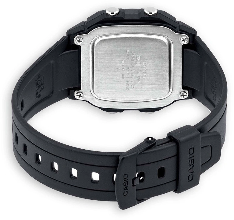 Die Rückseite einer schwarzen Casio-Armbanduhr mit Metallboden und schwarzem Riemen.
