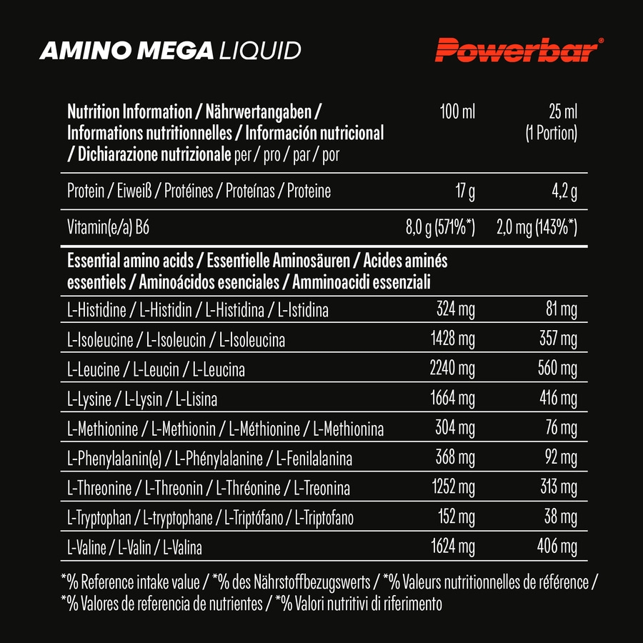 POWERBAR Amino Mega Liquid Black Line essenzielle Aminosäuren BCAAs B6 20x 25 ml