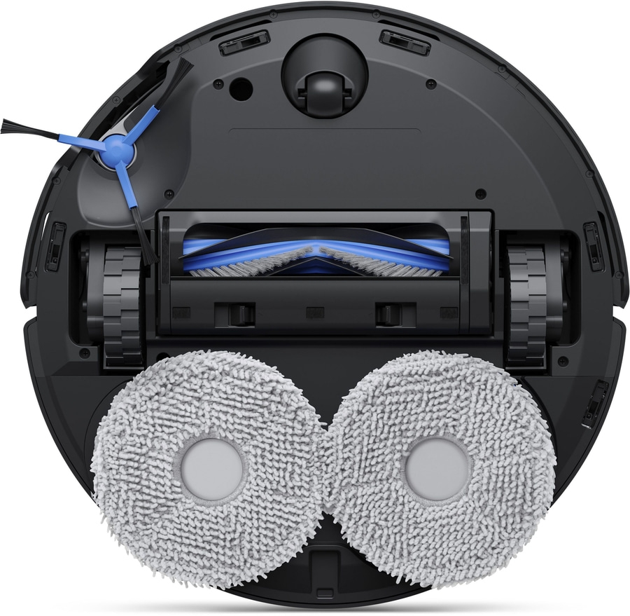 Unterseite eines Saugroboters mit rotierenden Wischmopps und Bürsten.