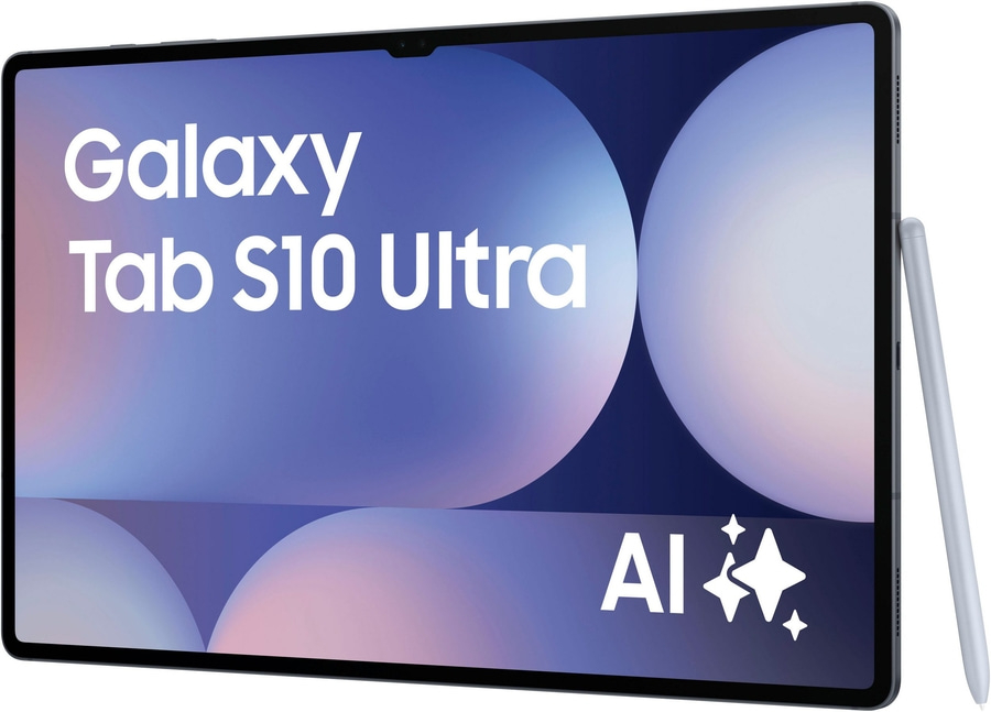 Samsung Galaxy Tab S10 Ultra Tablet mit Stift und AI-Logo auf blauem Hintergrund