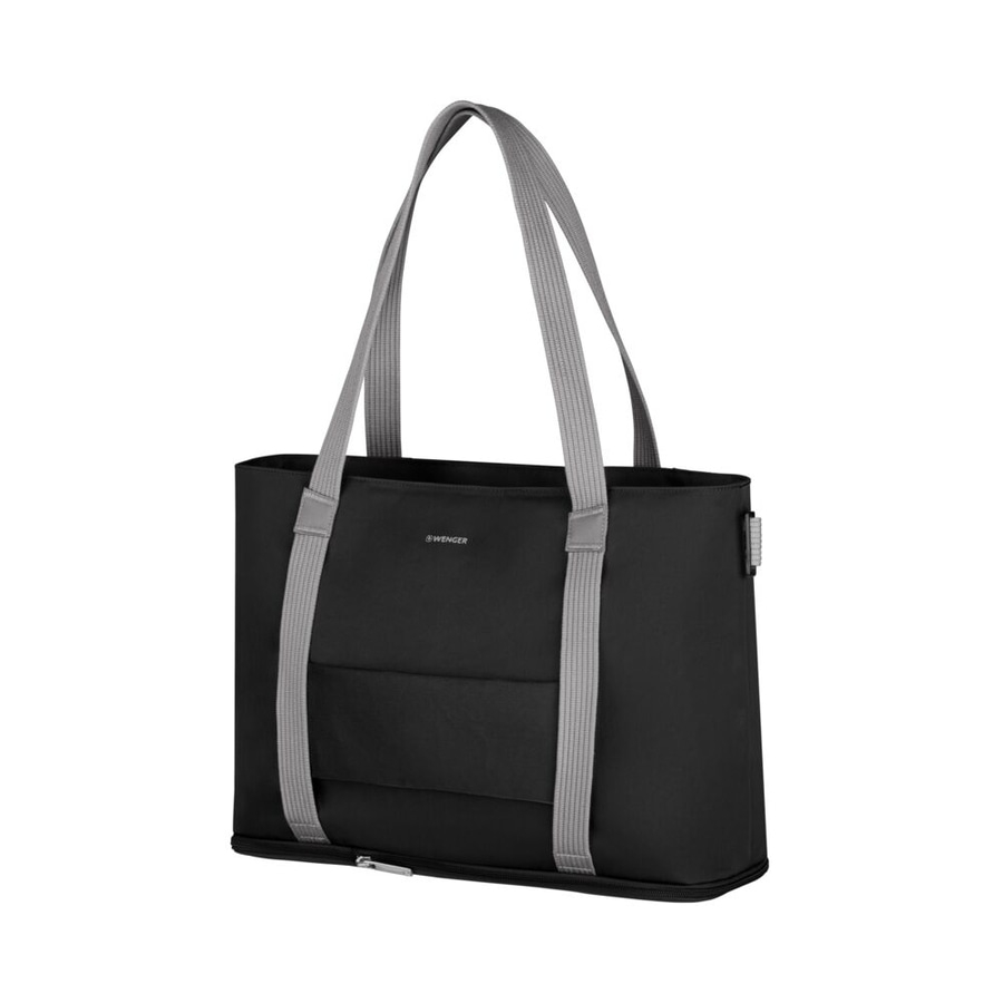 Schwarze Handtasche mit grauen Trägern. Marke: Wenger. Elegantes Design für den Alltag.