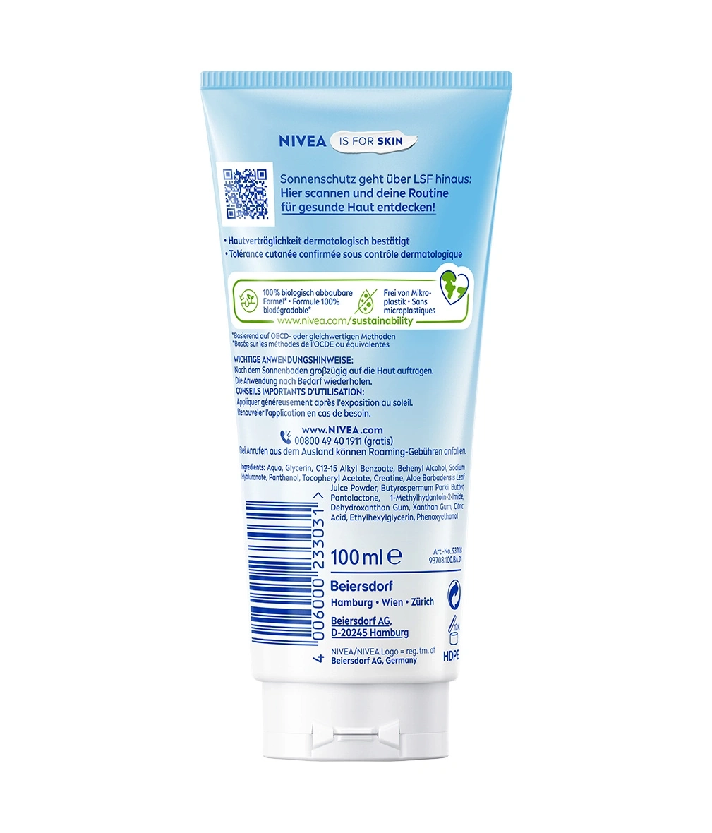 Nivea Sonnenschutz mit LSF für gesunde Haut, 100 ml Tube mit Anwendungshinweisen und Inhaltsstoffen.
