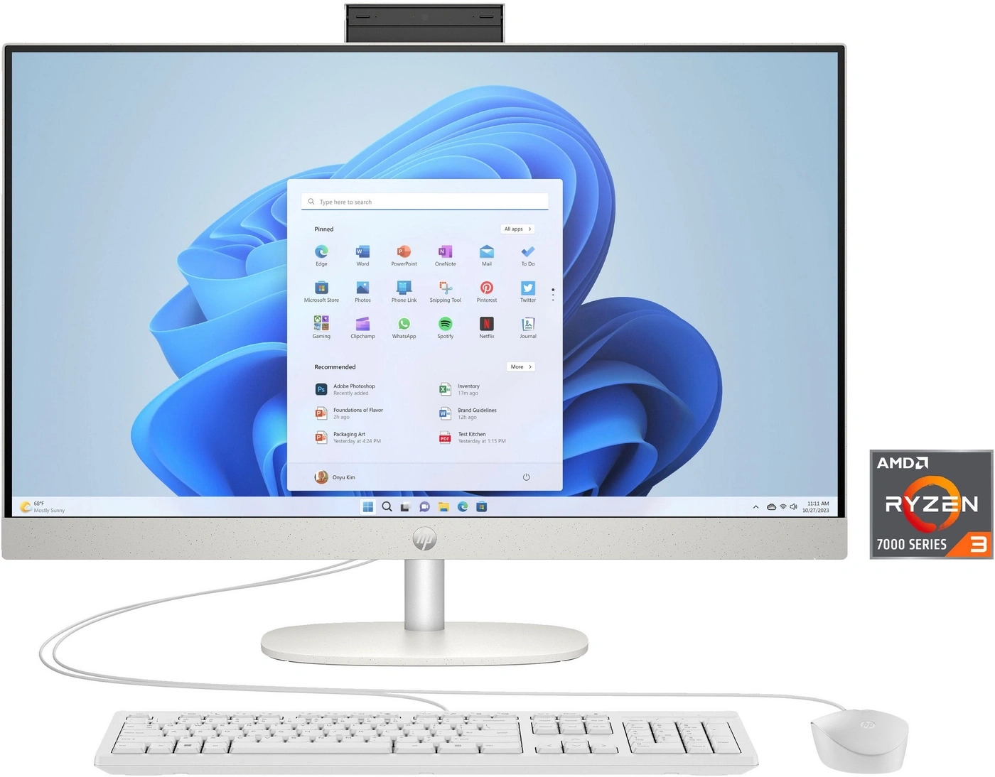 Ein weißes HP All-in-One-Desktop-PC mit AMD Ryzen Prozessor und Windows 11.