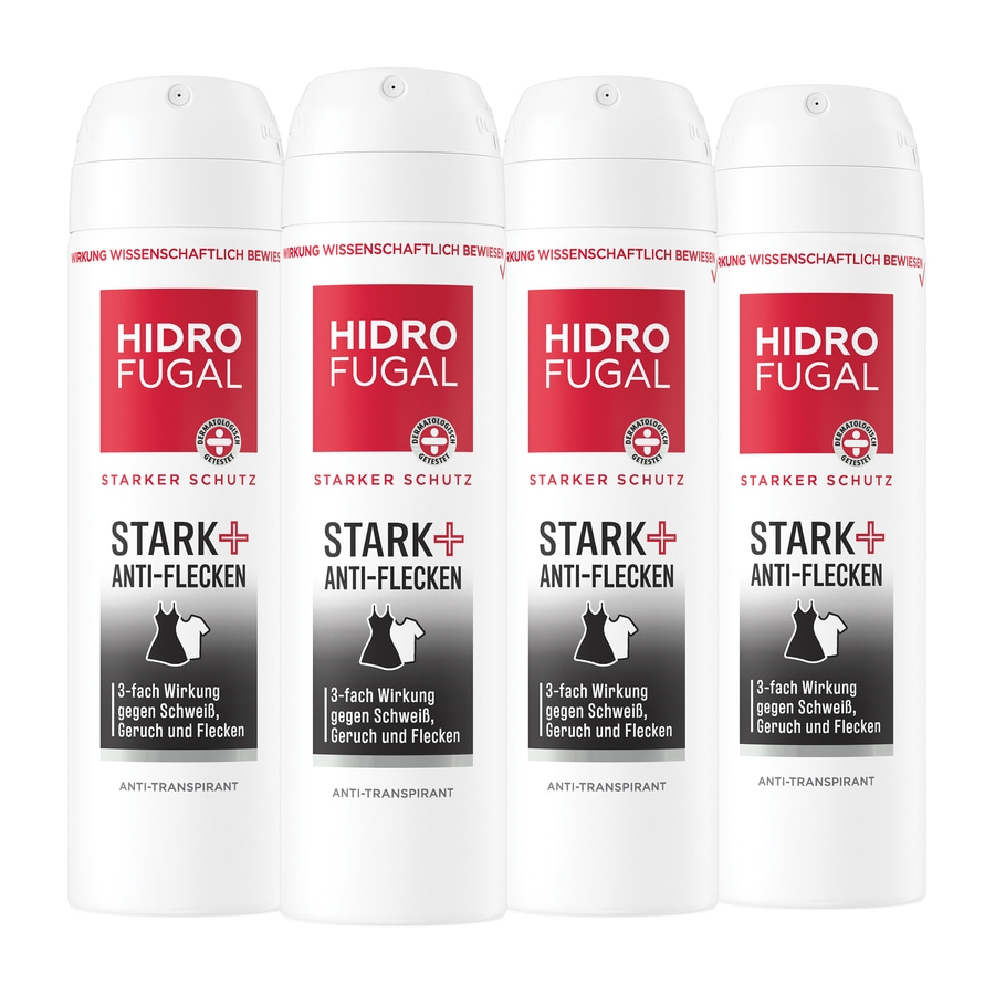Vier Hidro Fugal Anti-Flecken Deodorants, starker Schutz, gegen Schweiß, Geruch und Flecken.