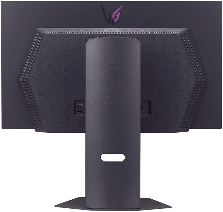 Rückseite eines schwarzen Monitors mit Ultragear-Logo und Standfuß