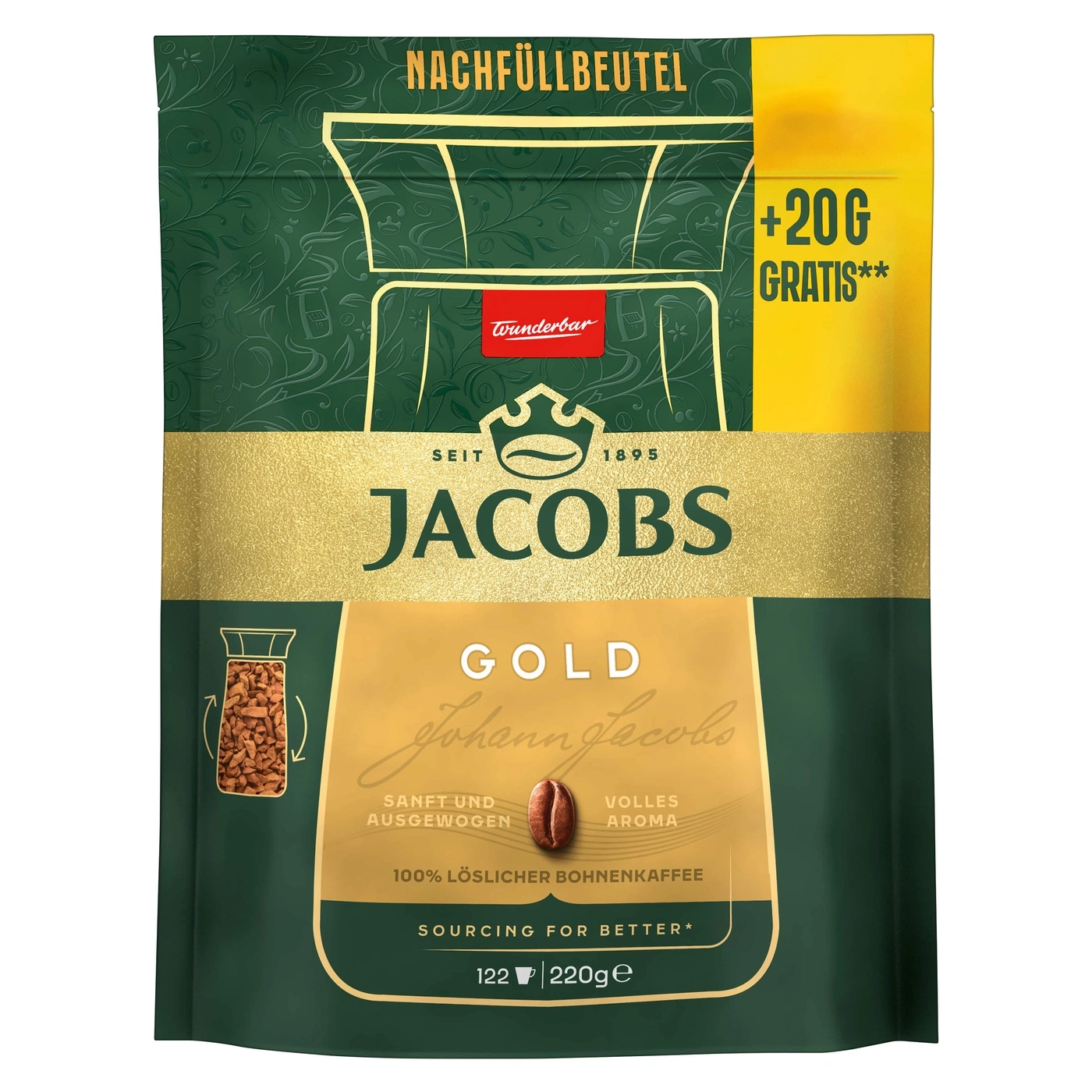 Kaffeepackung von Jacobs Gold, Nachfüllbeutel, 220g, +20g gratis, 100% löslicher Bohnenkaffee