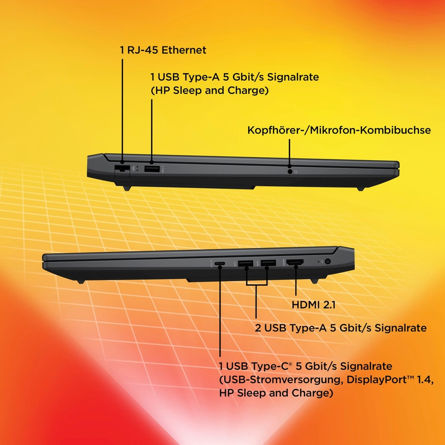 Laptop-Anschlüsse: RJ-45, USB-A, Kopfhörer, HDMI, USB-C.