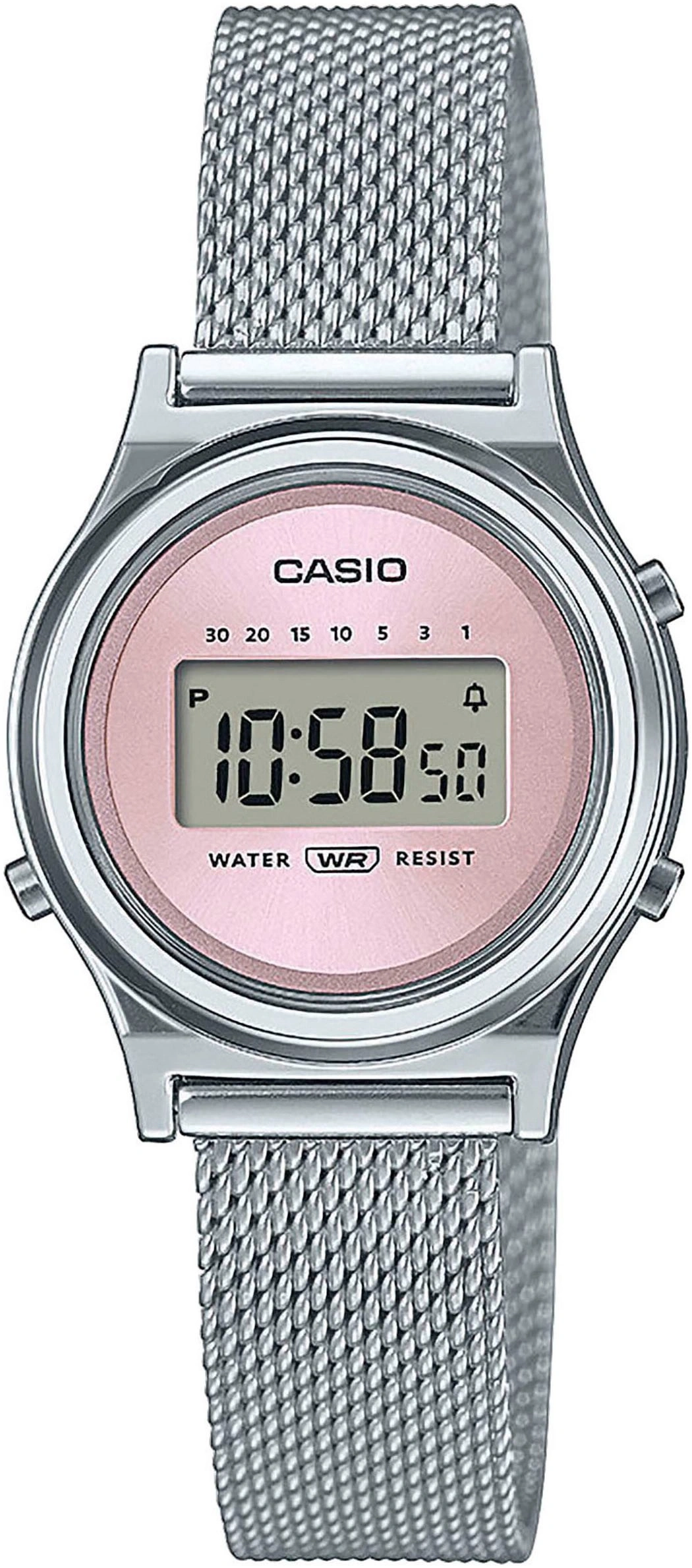 Eine silberne Casio-Damenuhr mit rosa Zifferblatt und digitaler Anzeige bei 10:58:50.