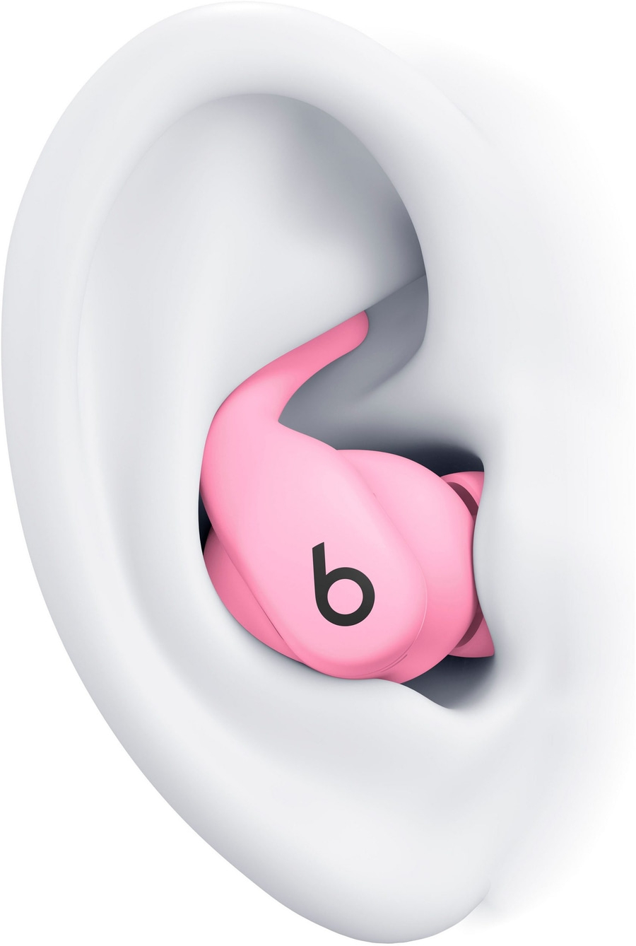 Ein pinker Ohrstöpsel mit dem Beats-Logo im Ohr