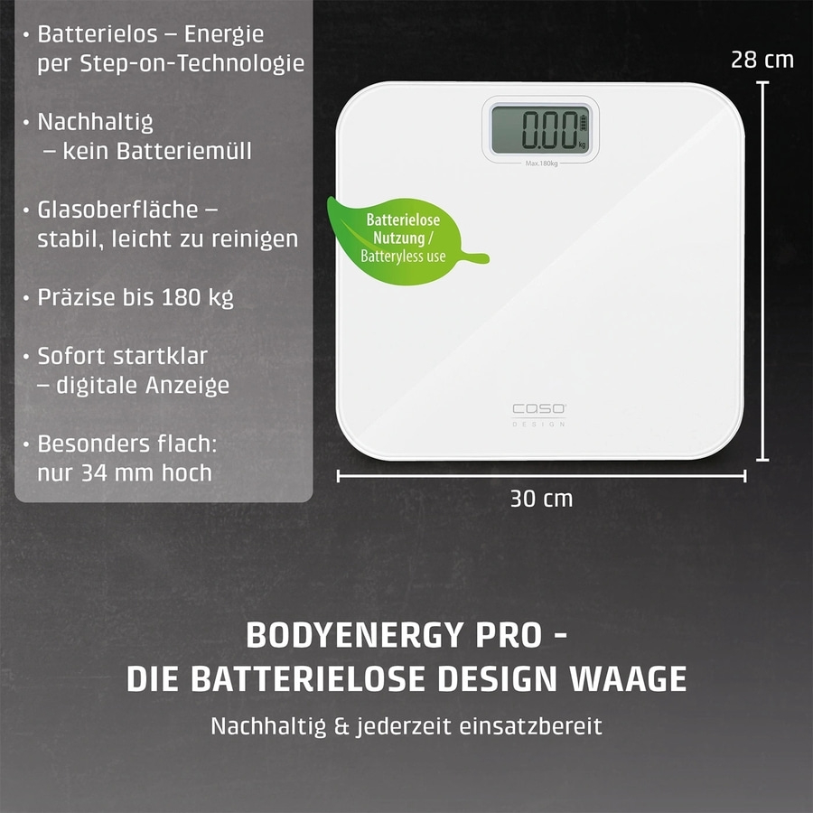 Eine weiße Personenwaage mit digitaler Anzeige und Aufschrift "BODYENERGY PRO - DIE BATTERIELOSE DESIGN WAAGE".