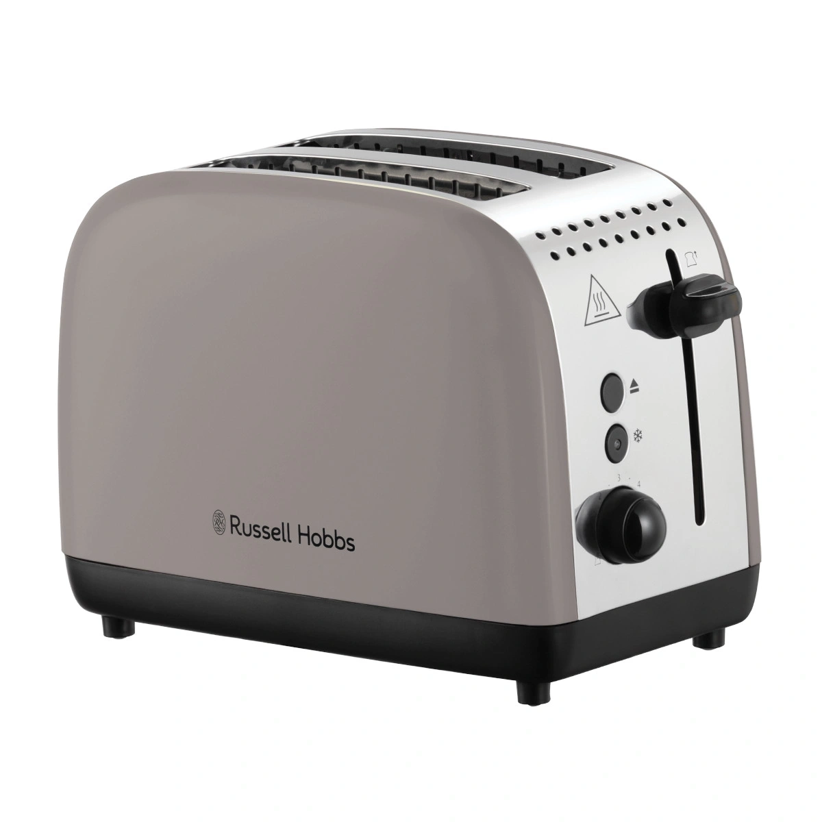 Ein grauer Russell Hobbs Toaster mit zwei Schlitzen und Bedienelementen.