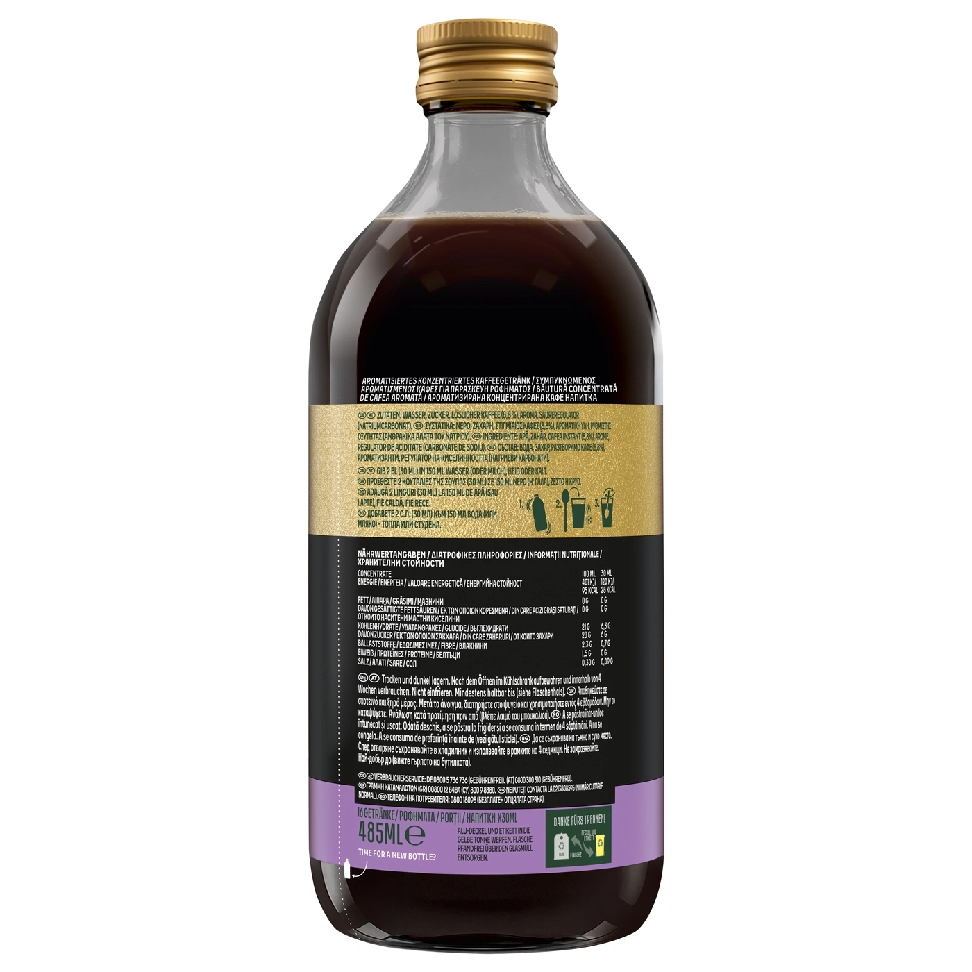Aromatisiertes konzentriertes Kaffeegetränk mit Zucker und Säureregulator.