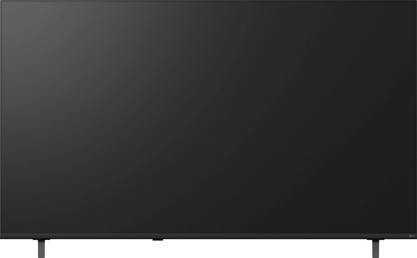 Ein großer, schwarzer LG-Fernseher steht auf einem schmalen Ständer.
