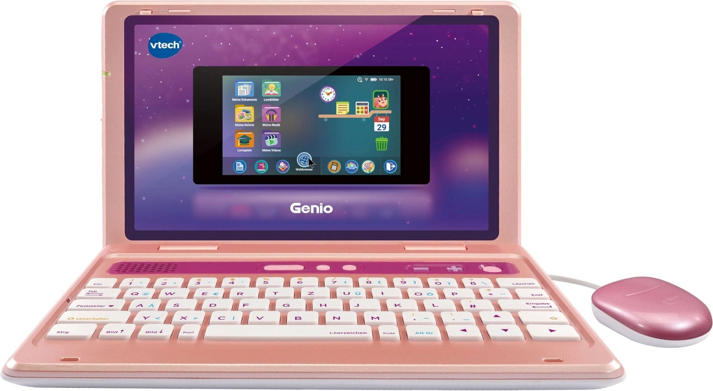 Rosa Laptop mit Tastatur und Maus, Bildschirm mit Apps, Genio