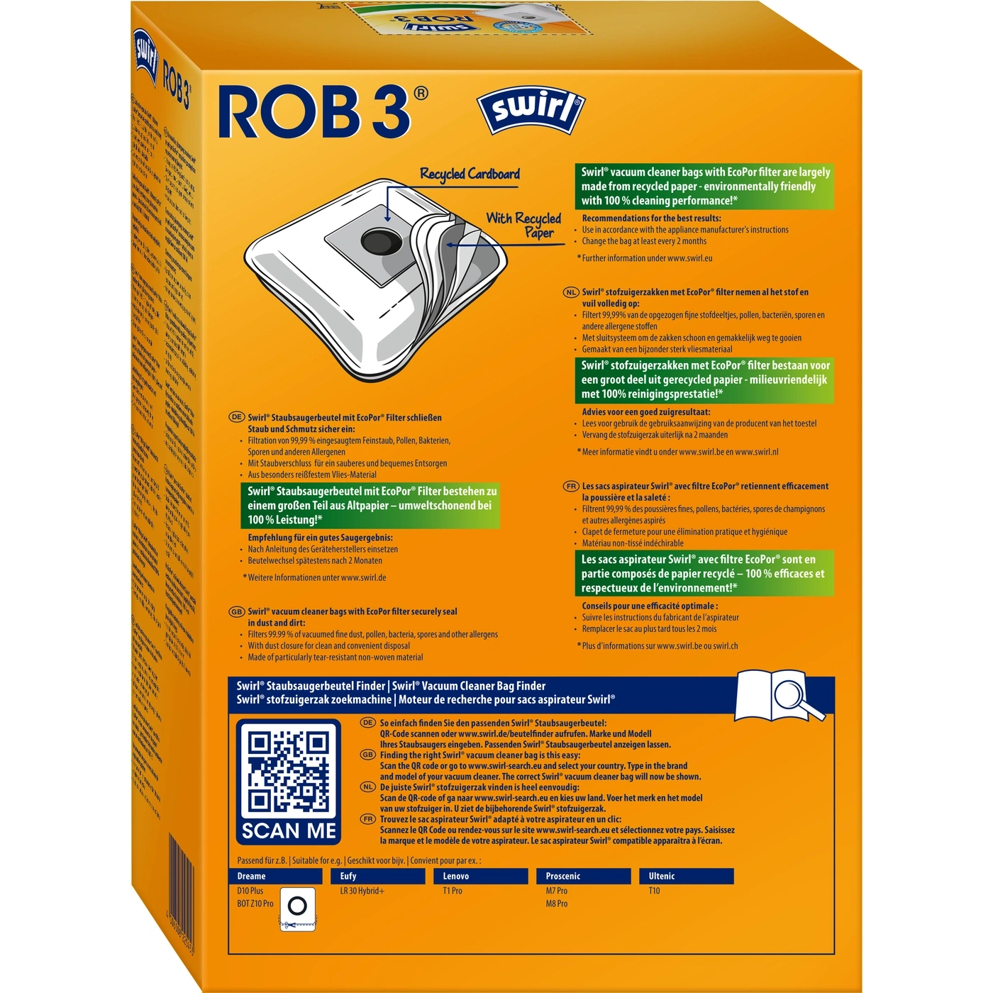 Swirl Staubsaugerbeutel Packung mit QR-Code, kompatibel mit verschiedenen Staubsaugermodellen.