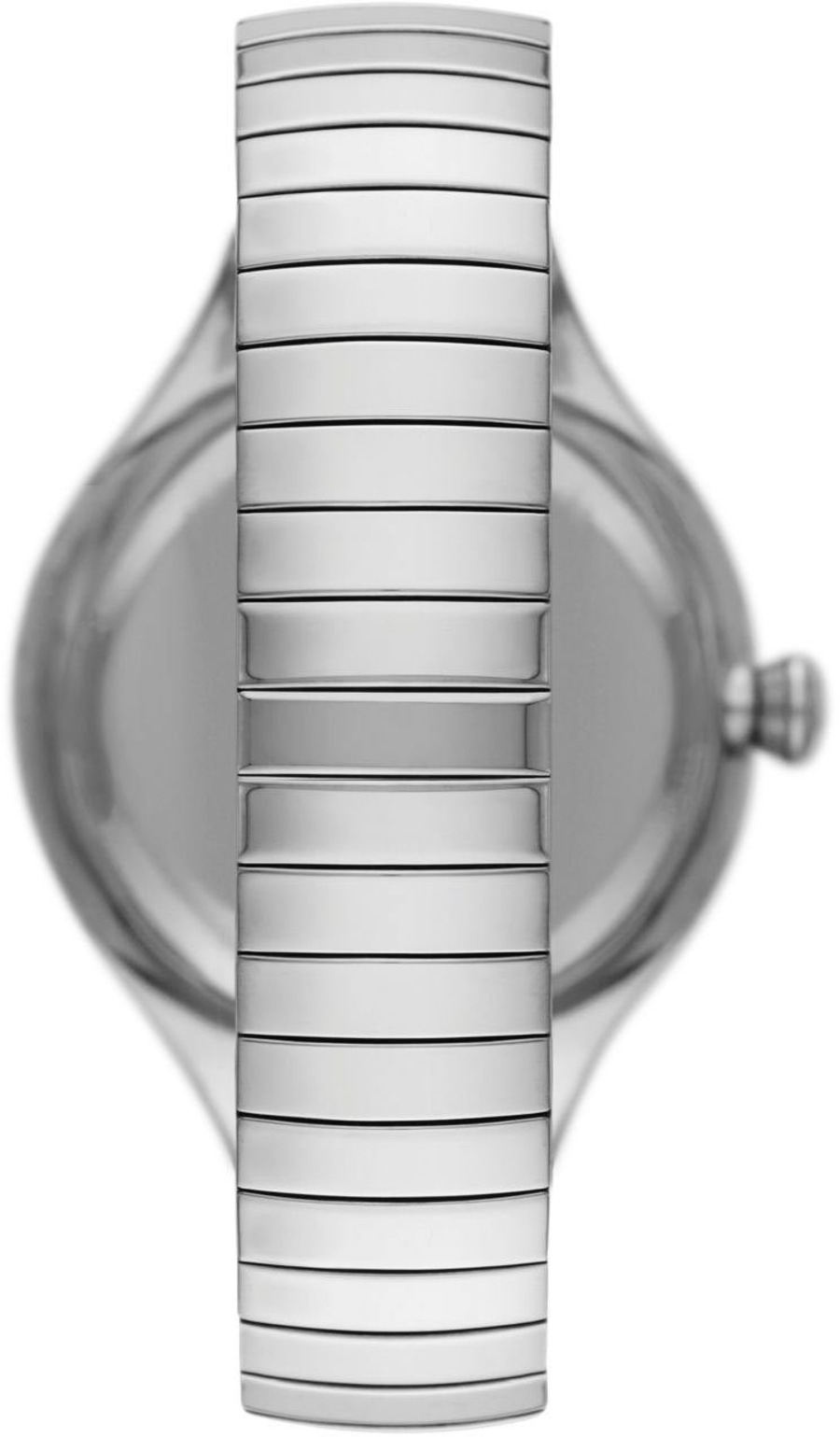 Nahaufnahme einer silbernen Armbanduhr mit Gliedern und rundem Zifferblatt