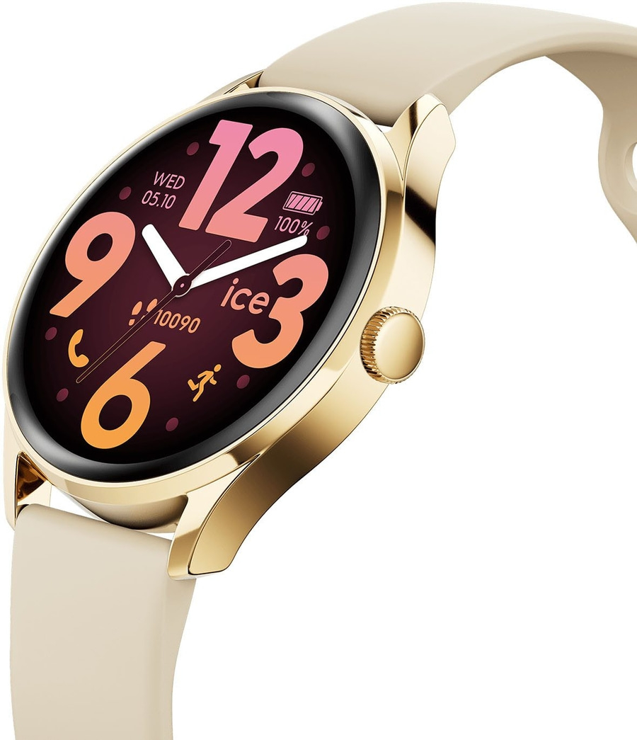 Eine Smartwatch mit goldenem Gehäuse und beigefarbenem Armband, die die Uhrzeit anzeigt.
