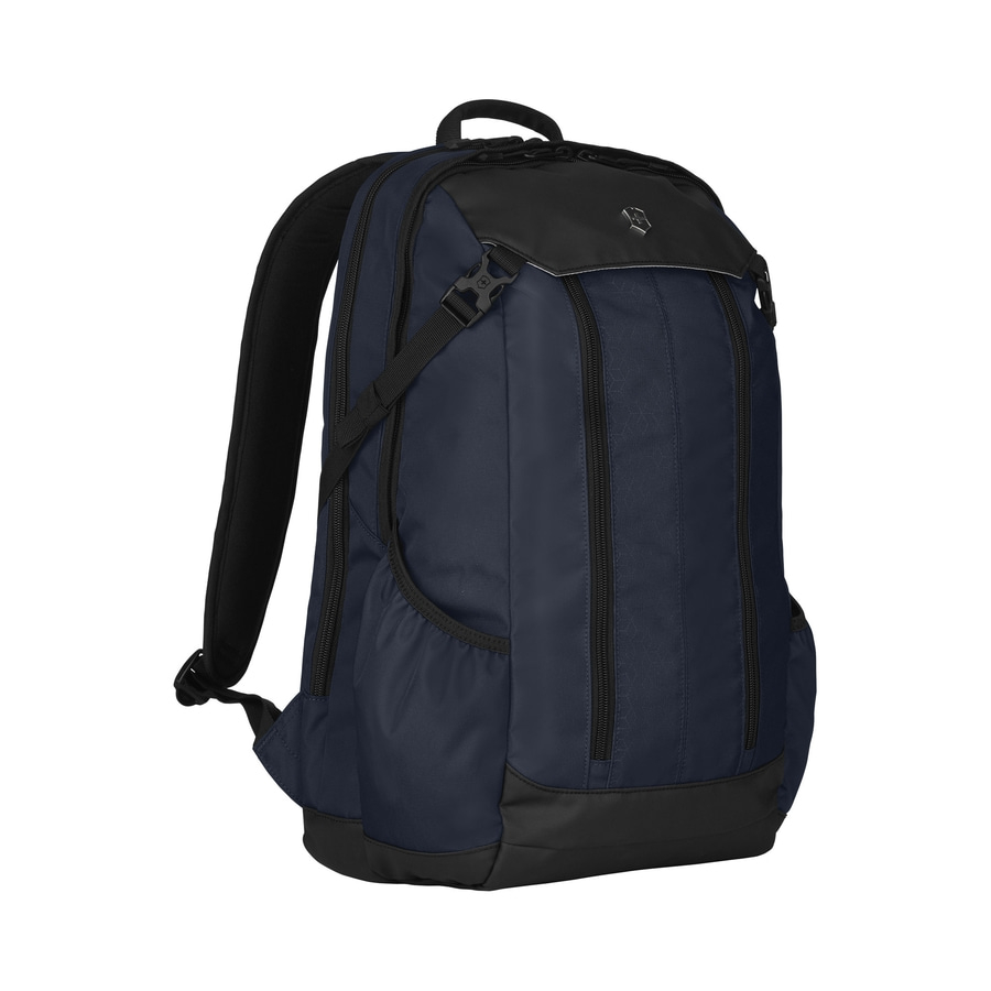Blauer Rucksack mit schwarzen Akzenten und Reißverschlüssen, ideal für den Alltag.