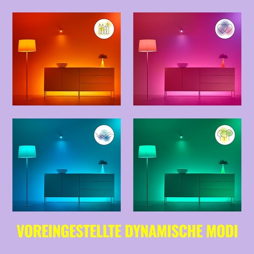 Voreingestellte dynamische Lichtmodi mit vier Szenen: Kerzen, Herz, Wind und Bäume.